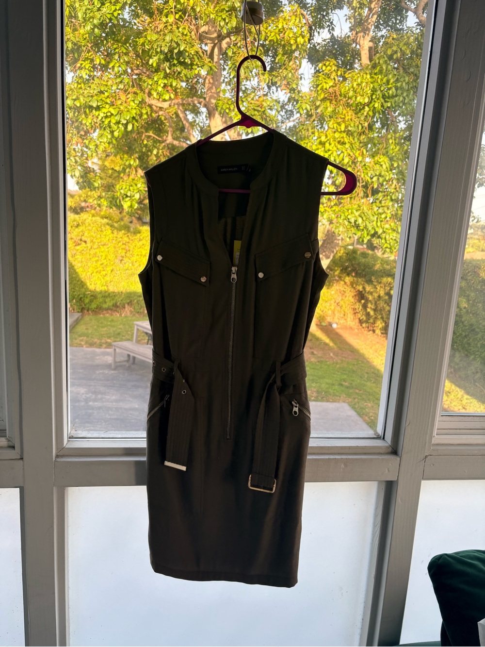 Karen Millen Olive Green Sleeveless Utility Knee Length Dress